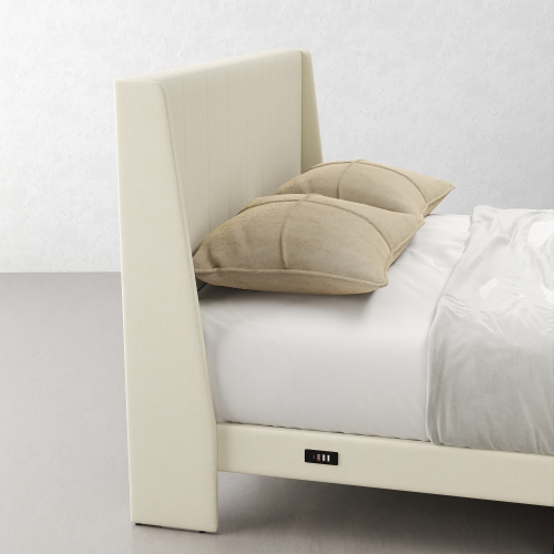 Homy Casa Modern Queen Size Upholstered Bed Frame with Storage Drawers – Beige, No Box Spring Needed