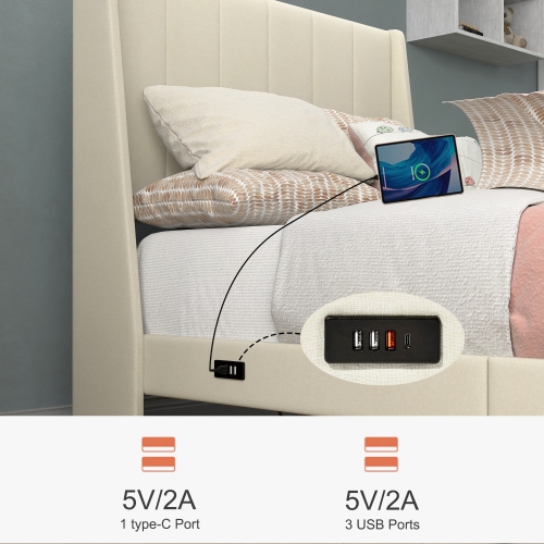 Homy Casa Modern Queen Size Upholstered Bed Frame with Storage Drawers – Beige, No Box Spring Needed