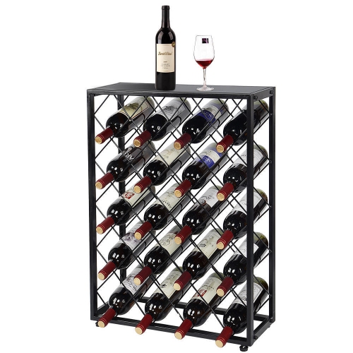 32 Bottle Wine Rack with Iron Table Top, SortWise Wine Bottle Holder Storage Organizer Display Shelf, Black