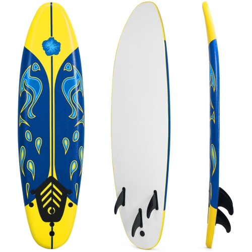 Gymax 6ft Surfing Body Board w/ 3 Removable Fins Safety Leash Red/Yellow/White