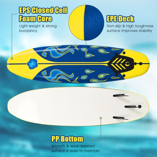 Gymax Planche de Surf 6ft avec 3 Ailerons Amovibles et Leash de Sécurité