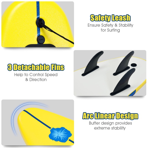 Gymax Planche de Surf 6ft avec 3 Ailerons Amovibles et Leash de Sécurité