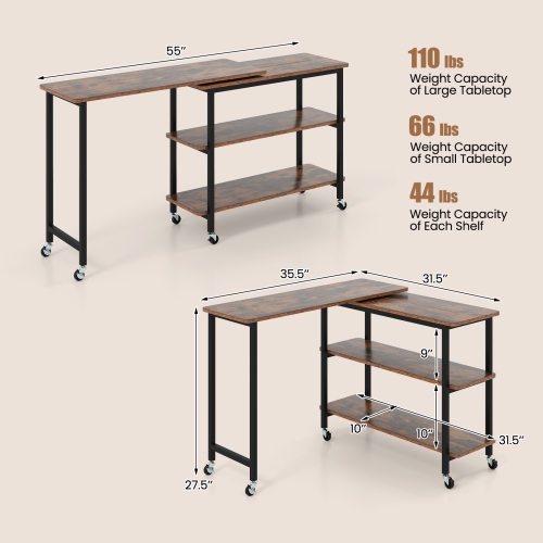 Gymax 360° Free Rotating Sofa Side Table Mobile L-shaped Laptop Table w/ Sliding Tabletop