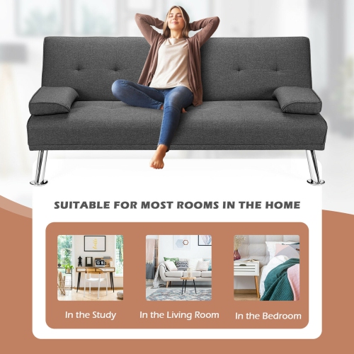Gymax Canapé-lit Convertible enTissu avec 2 Porte-Tasses