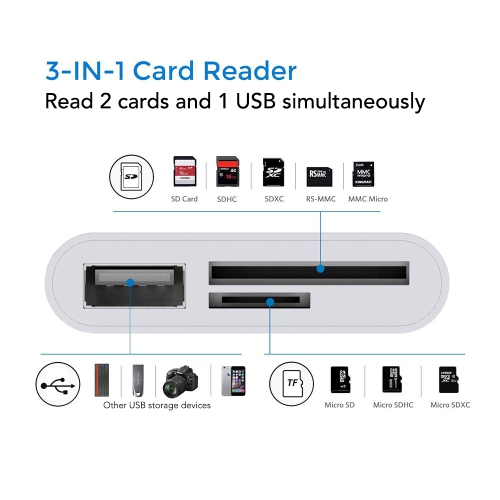 Lecteur de cartes 3 en 1 USB-C vers SD, Micro SD et USB pour PC, Mac, iPad, tablettes et smartphones Android | Lecteur Flash USB MicroSD USB 2.0