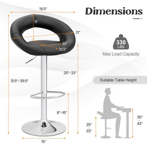 Gymax Set of 4 Adjustable Bar Stools Swivel Pub Chairs Barstools PU Leather Black