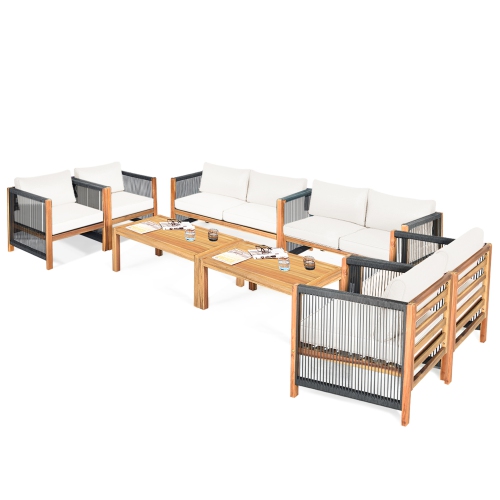 GYMAX  8PCs Acacia Wood Outdoor Patio Furniture Conversation Set W/ Cushions In White