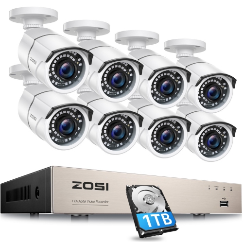 ZOSI  H.265+ 8Ch 5Mp Lite Dvr Home Security Camera System w 1Tb HDD, 8PCs 2Mp Fhd Wired Outdoor Surveillance Cameras, 120Ft Night Vision, Human