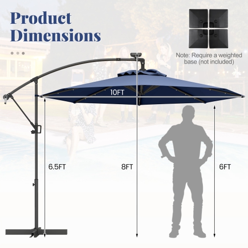 Gymax 10Ft Offset Hanging Umbrella Patio Outdoor w/ 32 Solar LED Lights