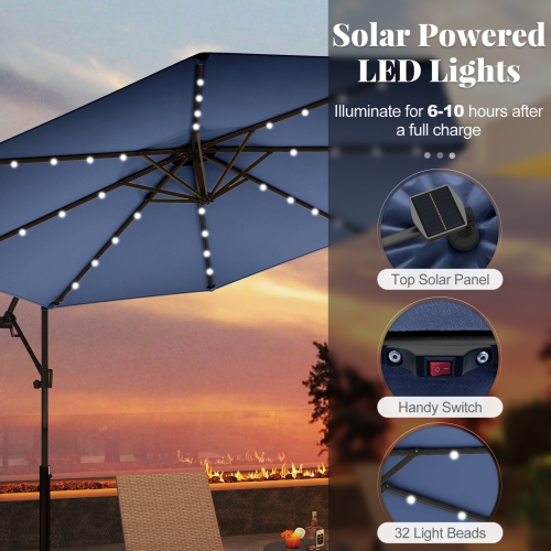 Gymax 10Ft Offset Hanging Umbrella Patio Outdoor w/ 32 Solar LED Lights