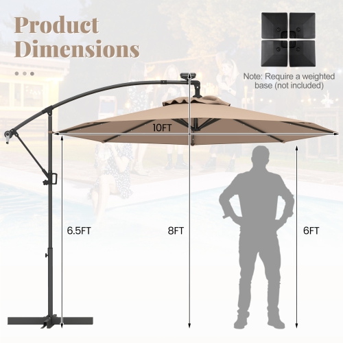Gymax 10Ft Offset Hanging Umbrella Patio Outdoor w/ 32 Solar LED Lights