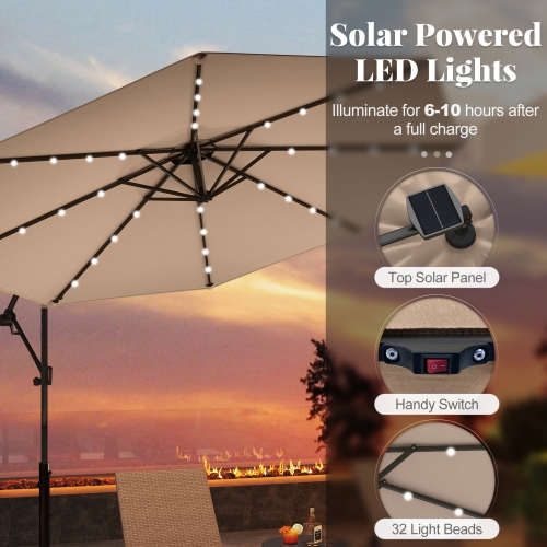 Gymax 10Ft Offset Hanging Umbrella Patio Outdoor w/ 32 Solar LED Lights