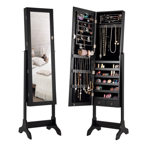 Gymax Jewelry Organizer Vanity Box w/ Full Length Mirror Black/ White