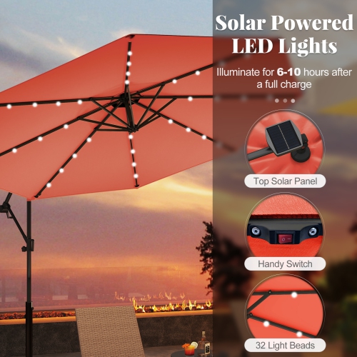 Gymax 10Ft Offset Hanging Umbrella Patio Outdoor w/ 32 Solar LED Lights