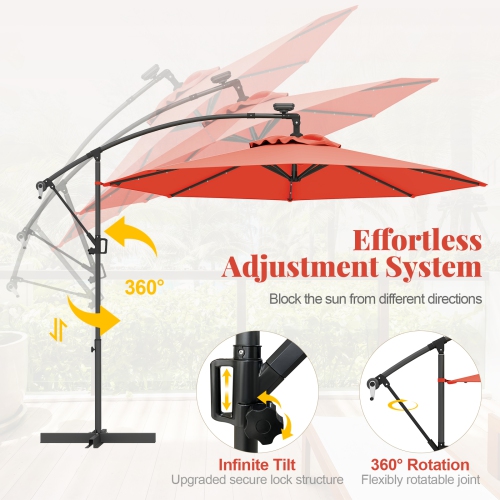 Gymax 10Ft Offset Hanging Umbrella Patio Outdoor w/ 32 Solar LED Lights
