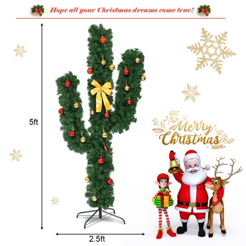 Gymax 5ft Artificial Pre-Lit Cactus Christmas Tree w/ Metal Stand Ball Ornaments