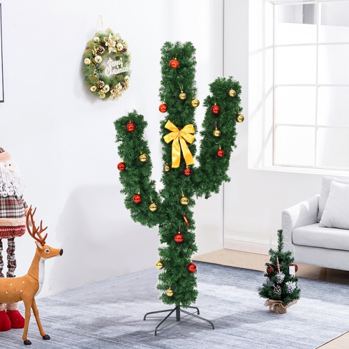 Gymax 5ft Artificial Pre-Lit Cactus Christmas Tree w/ Metal Stand Ball Ornaments