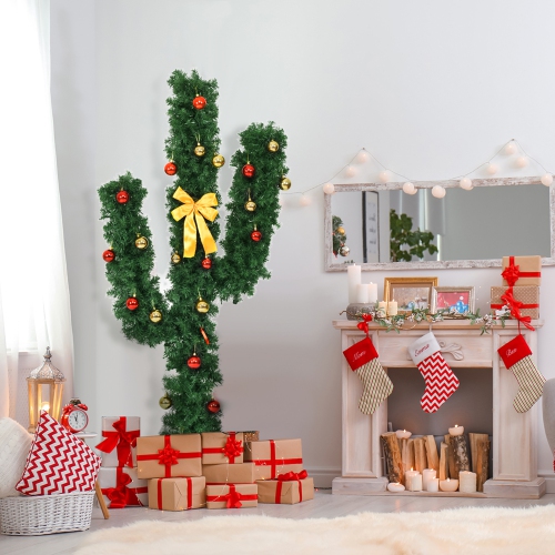 Gymax 5ft Artificial Pre-Lit Cactus Christmas Tree w/ Metal Stand Ball Ornaments