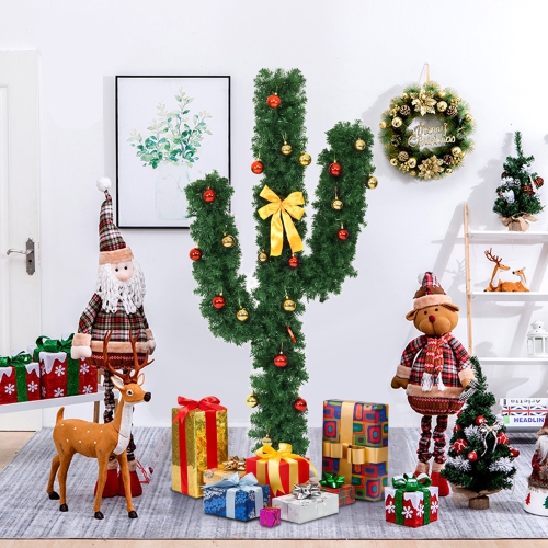 Gymax 5ft Artificial Pre-Lit Cactus Christmas Tree w/ Metal Stand Ball Ornaments