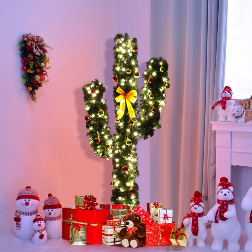 Gymax 5ft Artificial Pre-Lit Cactus Christmas Tree w/ Metal Stand Ball Ornaments
