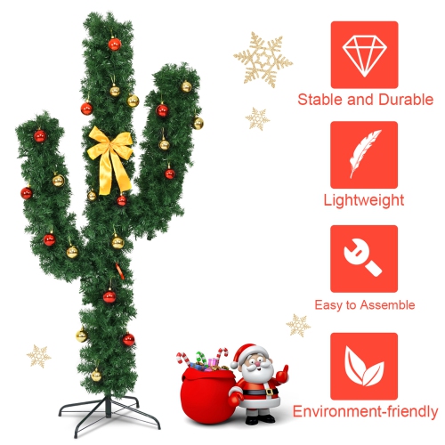Gymax 5ft Artificial Pre-Lit Cactus Christmas Tree w/ Metal Stand Ball Ornaments