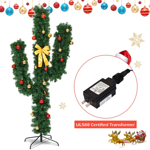 Gymax 5ft Artificial Pre-Lit Cactus Christmas Tree w/ Metal Stand Ball Ornaments