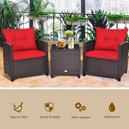 Gymax 3PCS Outdoor Patio Rattan Conversation Set w/ Coffee Table Red Cushion