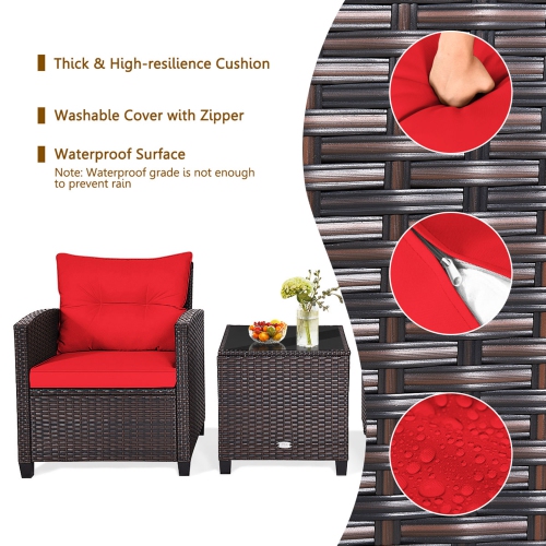 Gymax 3PCS Outdoor Patio Rattan Conversation Set w/ Coffee Table Red Cushion