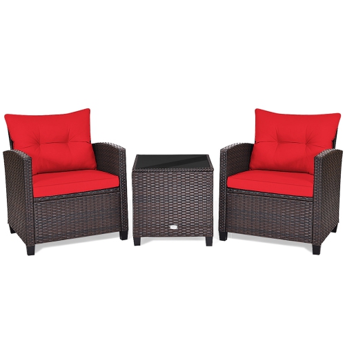 Gymax 3PCS Outdoor Patio Rattan Conversation Set w/ Coffee Table Red Cushion