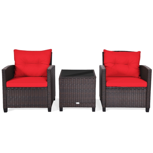 Gymax 3PCS Outdoor Patio Rattan Conversation Set w/ Coffee Table Red Cushion