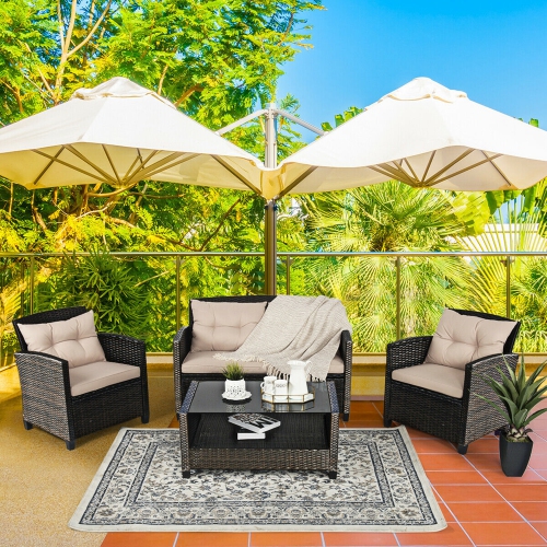 GYMAX  4PCs Patio Rattan Conversation Set Cushioned Outdoor Furniture Set