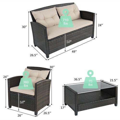 Gymax 4pcs Patio Rattan Conversation Set Cushioned Outdoor Furniture Set