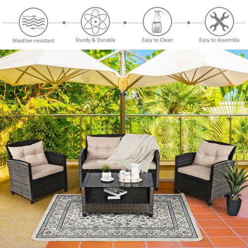 Gymax 4pcs Patio Rattan Conversation Set Cushioned Outdoor Furniture Set