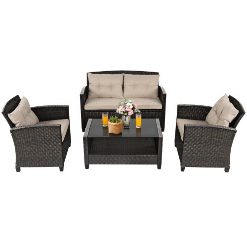 Gymax 4pcs Patio Rattan Conversation Set Cushioned Outdoor Furniture Set