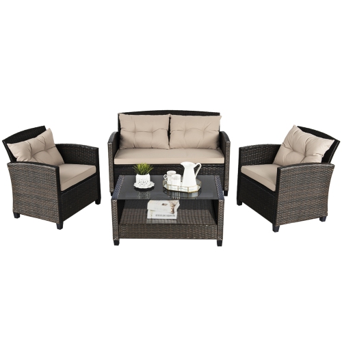 Gymax 4pcs Patio Rattan Conversation Set Cushioned Outdoor Furniture Set