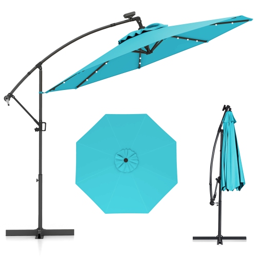 Gymax 10Ft Offset Hanging Umbrella Patio Outdoor w/ 32 Solar LED Lights