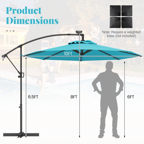 Gymax 10Ft Offset Hanging Umbrella Patio Outdoor w/ 32 Solar LED Lights