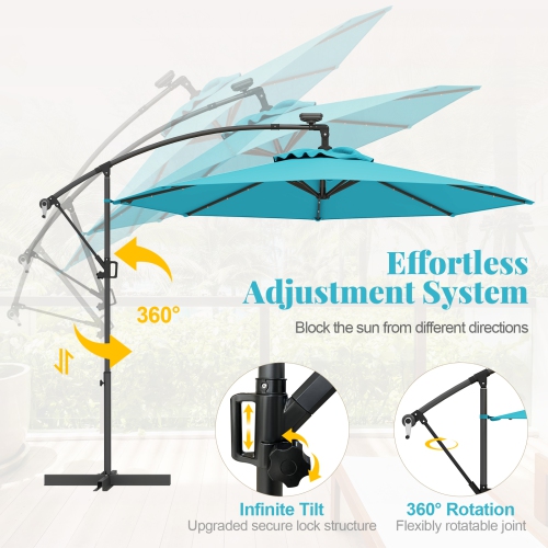 Gymax 10Ft Offset Hanging Umbrella Patio Outdoor w/ 32 Solar LED Lights