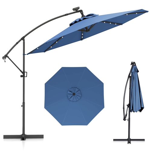GYMAX  10Ft Offset Hanging Umbrella Patio Outdoor W/ 32 Solar Led Lights