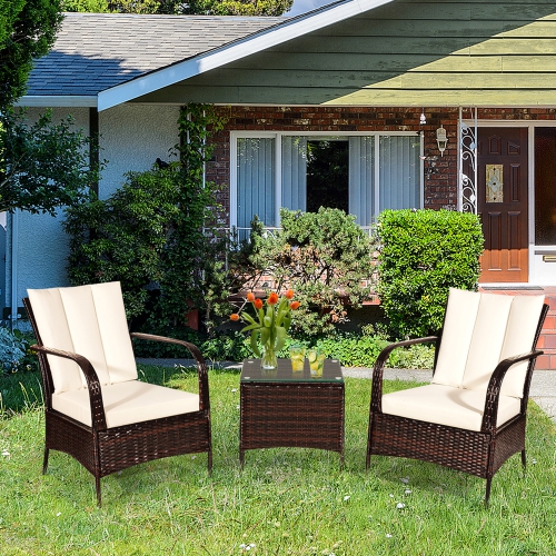 GYMAX  3PCs Patio Rattan Conversation Set Outdoor Furniture Set W/ Table Cushions