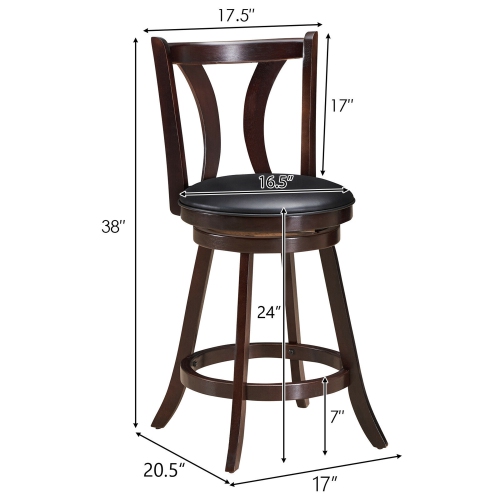 Gymax Set of 2 Swivel Bar stool 24'' Counter Height Leather Padded Dining Kitchen Chair