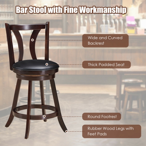 Gymax Set of 2 Swivel Bar stool 24'' Counter Height Leather Padded Dining Kitchen Chair