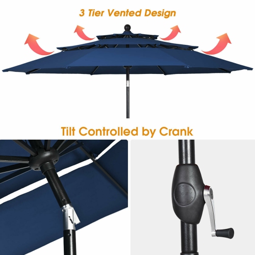 Gymax 10ft 3 Tier Patio Market Umbrella Aluminum Sunshade Shelter Double Vented Navy