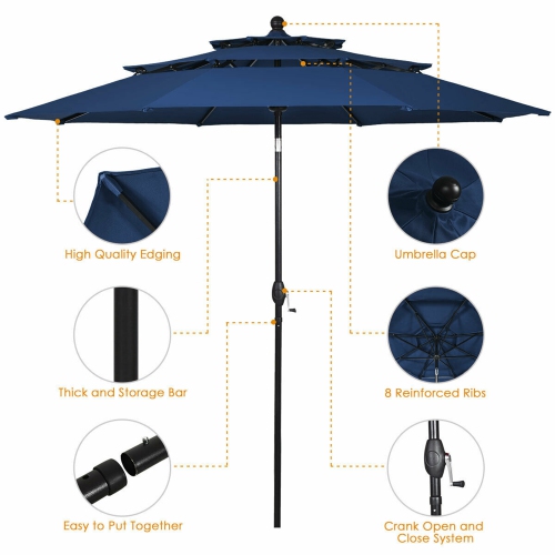 Gymax 10ft 3 Tier Patio Market Umbrella Aluminum Sunshade Shelter Double Vented Navy
