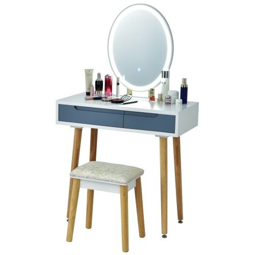Gymax Makeup Vanity Dressing Table Set w/ Touch Screen Padded Stool Black/White/Gray