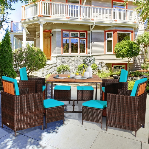 GYMAX  9PCs Rattan Wicker Patio Dining Set Outdoor Furniture Set W/ Cushion In Turquoise