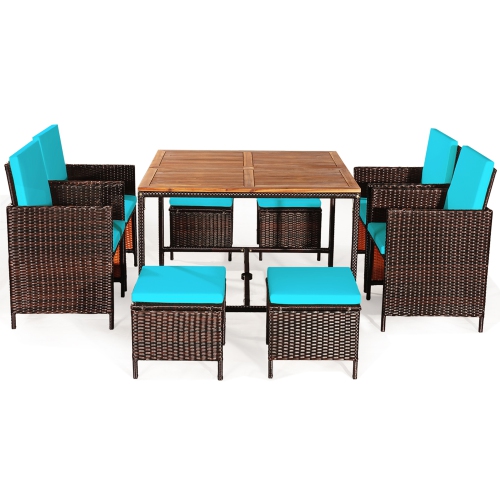 Gymax 9PCS Rattan Wicker Patio Dining Set Outdoor Furniture Set w/ Turquoise Cushion