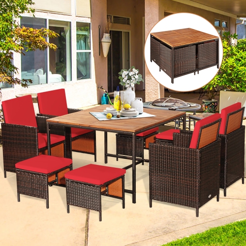 Gymax 9PCS Rattan Wicker Patio Dining Set Outdoor Furniture Set w/ Red Cushion