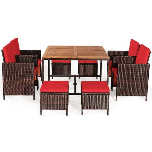 Gymax 9PCS Rattan Wicker Patio Dining Set Outdoor Furniture Set w/ Red Cushion