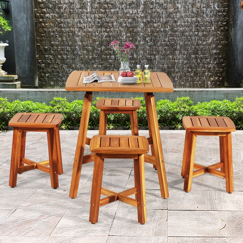 GYMAX  5PCs Wooden Patio Dining Furniture Set Yard Outdoor W/ 4 Square Stools